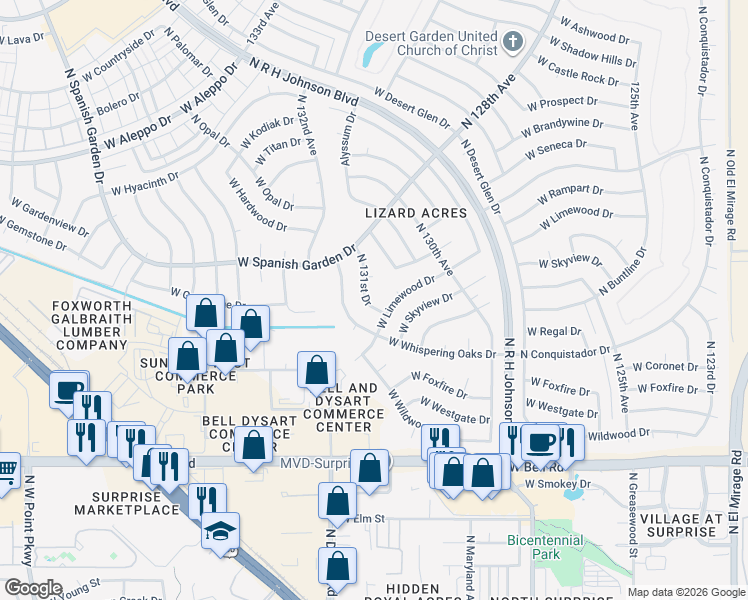 map of restaurants, bars, coffee shops, grocery stores, and more near 17630 North 131st Drive in Sun City West