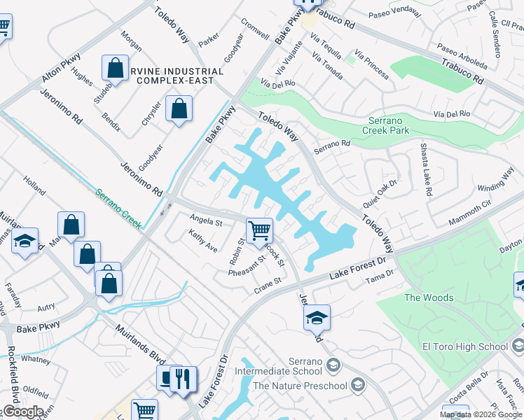 map of restaurants, bars, coffee shops, grocery stores, and more near 21923 Erie Lane in Lake Forest