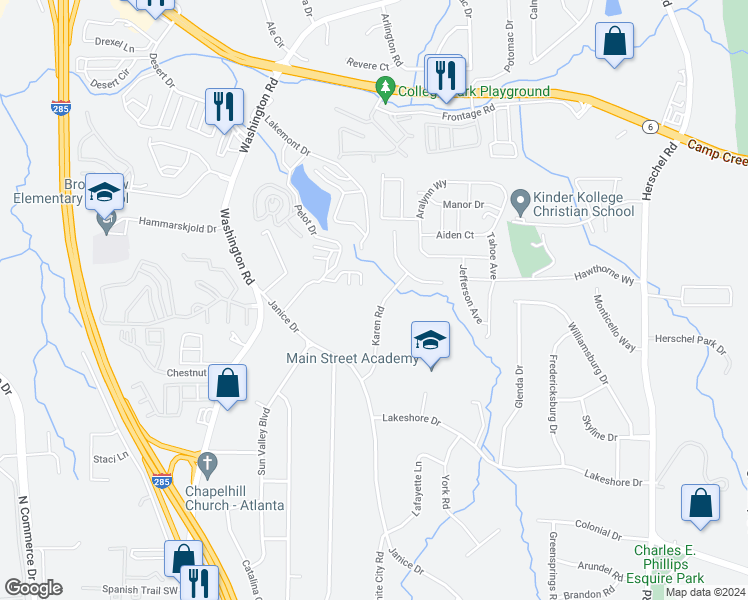 map of restaurants, bars, coffee shops, grocery stores, and more near 2879 Karen Road in College Park