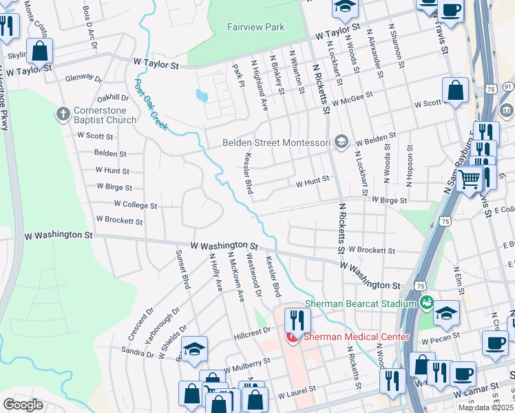 map of restaurants, bars, coffee shops, grocery stores, and more near 1211 1213 Hunt Street in Sherman
