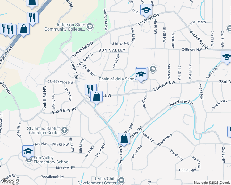 map of restaurants, bars, coffee shops, grocery stores, and more near 2300 6th Street Northwest in Center Point