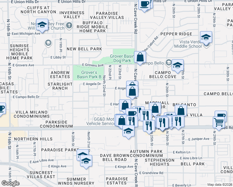 map of restaurants, bars, coffee shops, grocery stores, and more near 2219 East Angela Drive in Phoenix