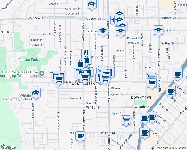 map of restaurants, bars, coffee shops, grocery stores, and more near 1925 Wallace Avenue in Costa Mesa