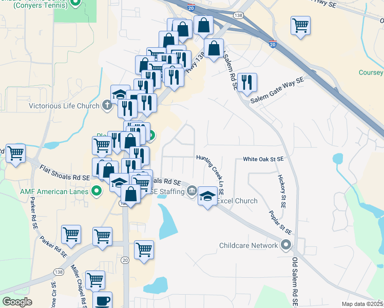 map of restaurants, bars, coffee shops, grocery stores, and more near 1700 Winchester Way Southeast in Conyers