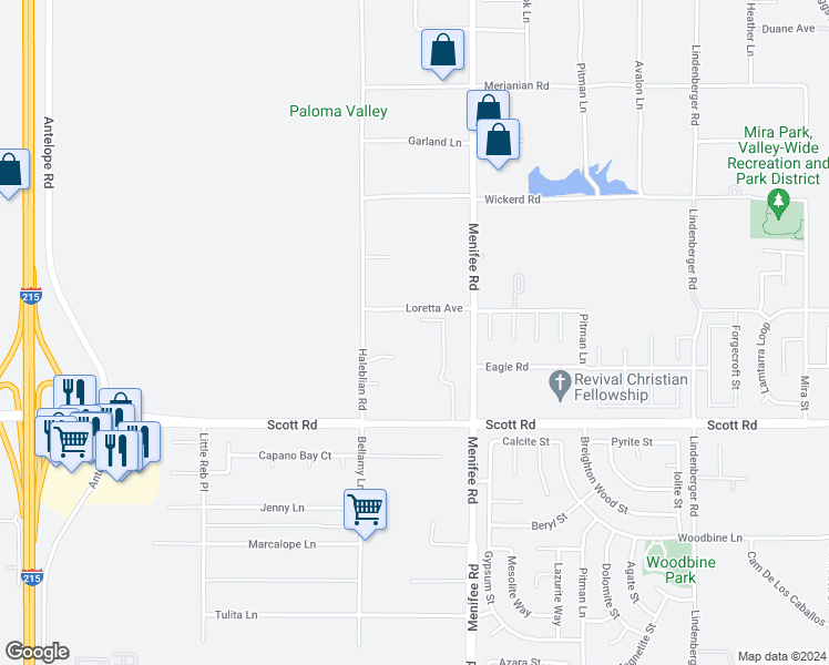 map of restaurants, bars, coffee shops, grocery stores, and more near 28823 Loretta Avenue in Menifee