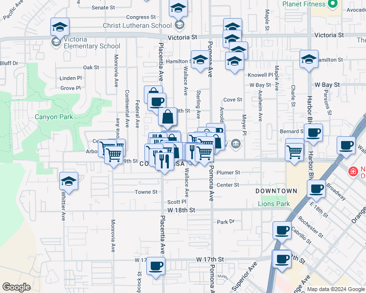 map of restaurants, bars, coffee shops, grocery stores, and more near 1925 Wallace Avenue in Costa Mesa