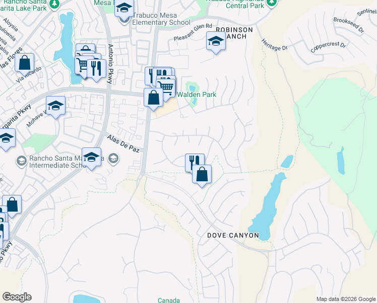 map of restaurants, bars, coffee shops, grocery stores, and more near 31945 La Subida Drive in Trabuco Canyon