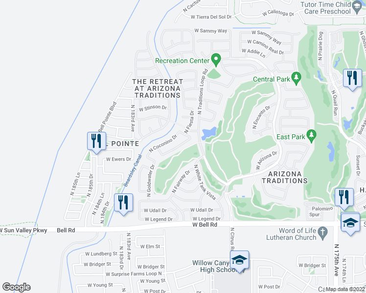 map of restaurants, bars, coffee shops, grocery stores, and more near 17631 North Goldwater Drive in Surprise