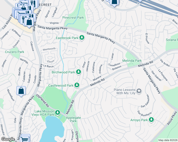 map of restaurants, bars, coffee shops, grocery stores, and more near 21852 Herencia in Mission Viejo