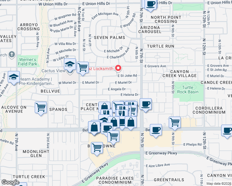 map of restaurants, bars, coffee shops, grocery stores, and more near 402 East Helena Drive in Phoenix