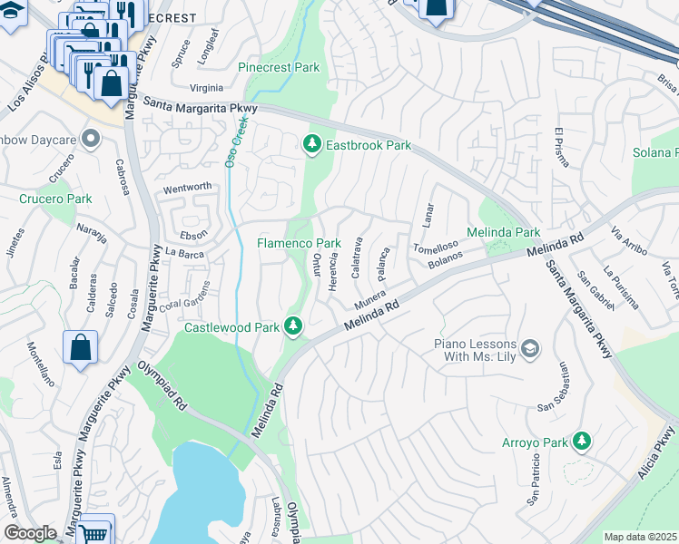 map of restaurants, bars, coffee shops, grocery stores, and more near 21902 Herencia in Mission Viejo