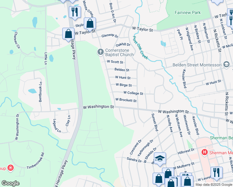 map of restaurants, bars, coffee shops, grocery stores, and more near 1814 West College Street in Sherman