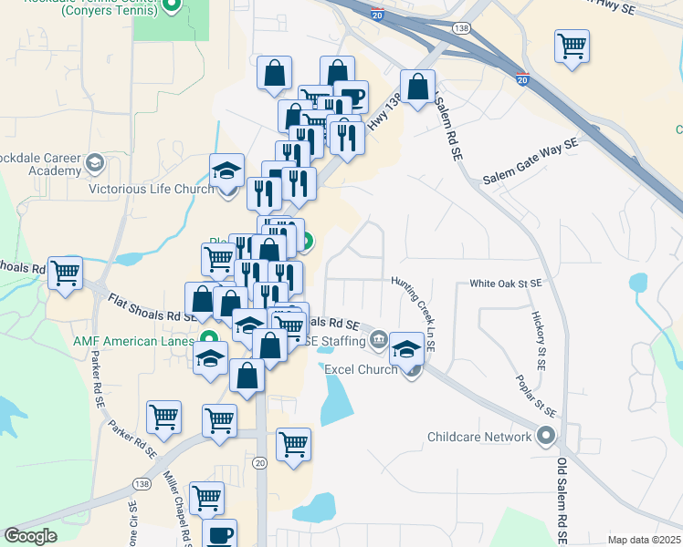 map of restaurants, bars, coffee shops, grocery stores, and more near 1701 Hunting Creek Drive Southeast in Conyers