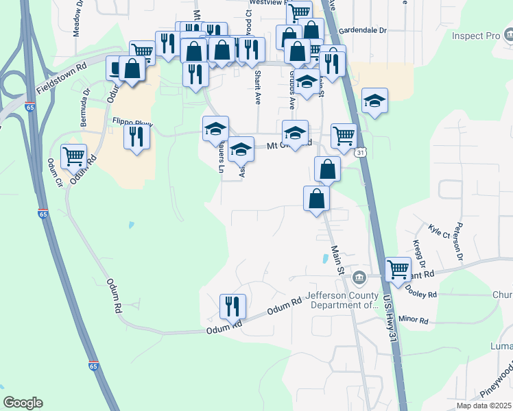 map of restaurants, bars, coffee shops, grocery stores, and more near 354 Gowins Drive in Gardendale