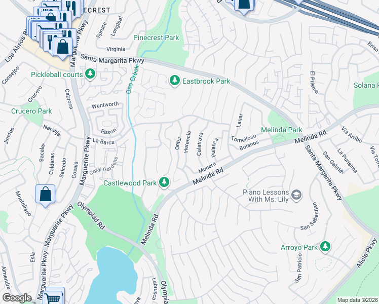 map of restaurants, bars, coffee shops, grocery stores, and more near 21902 Herencia in Mission Viejo