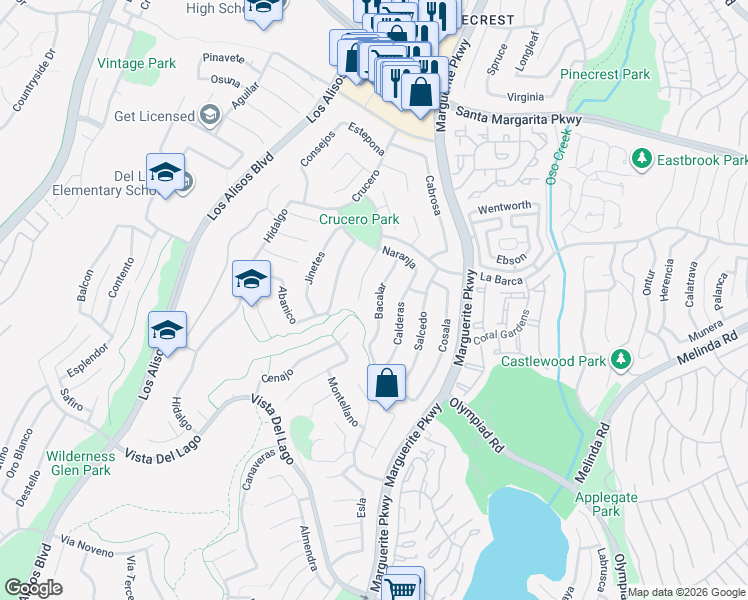 map of restaurants, bars, coffee shops, grocery stores, and more near 21951 Bacalar in Mission Viejo