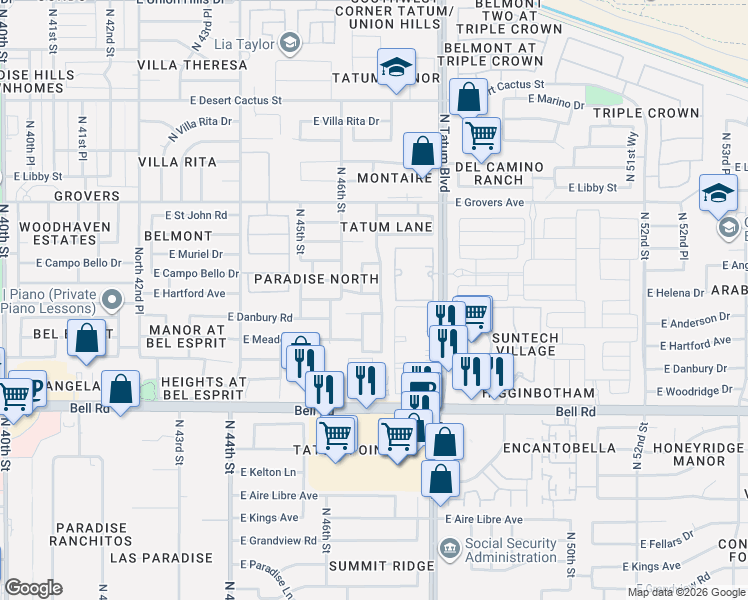 map of restaurants, bars, coffee shops, grocery stores, and more near 17418 North 46th Place in Phoenix