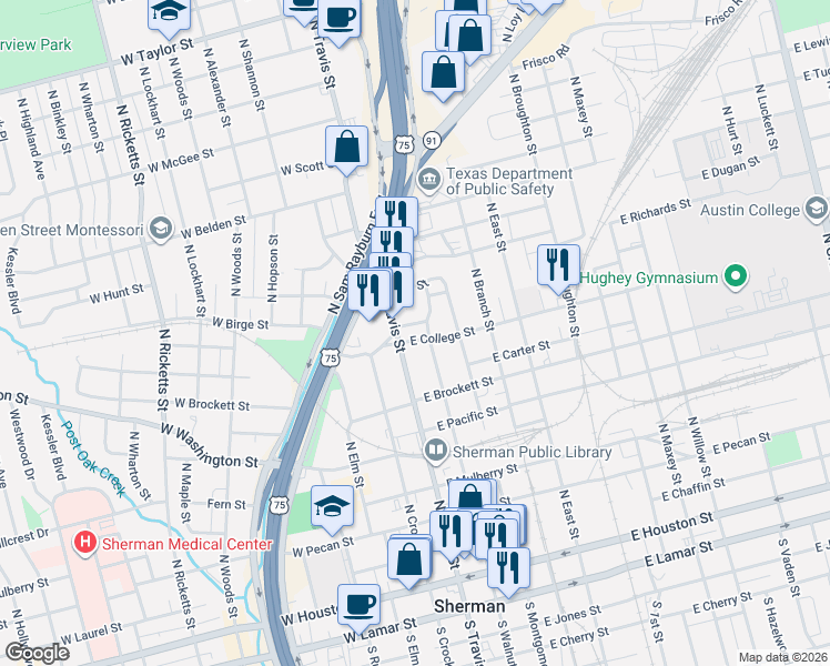 map of restaurants, bars, coffee shops, grocery stores, and more near 115 East College Street in Sherman