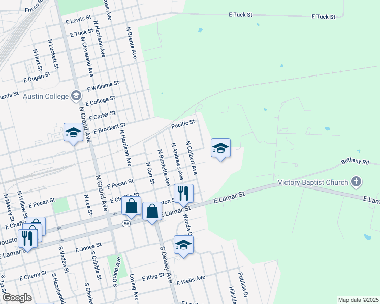 map of restaurants, bars, coffee shops, grocery stores, and more near 2098 Mulberry Street in Sherman