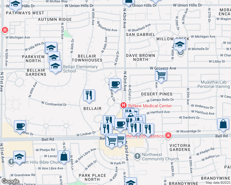 map of restaurants, bars, coffee shops, grocery stores, and more near 4413 West Sandra Circle in Glendale