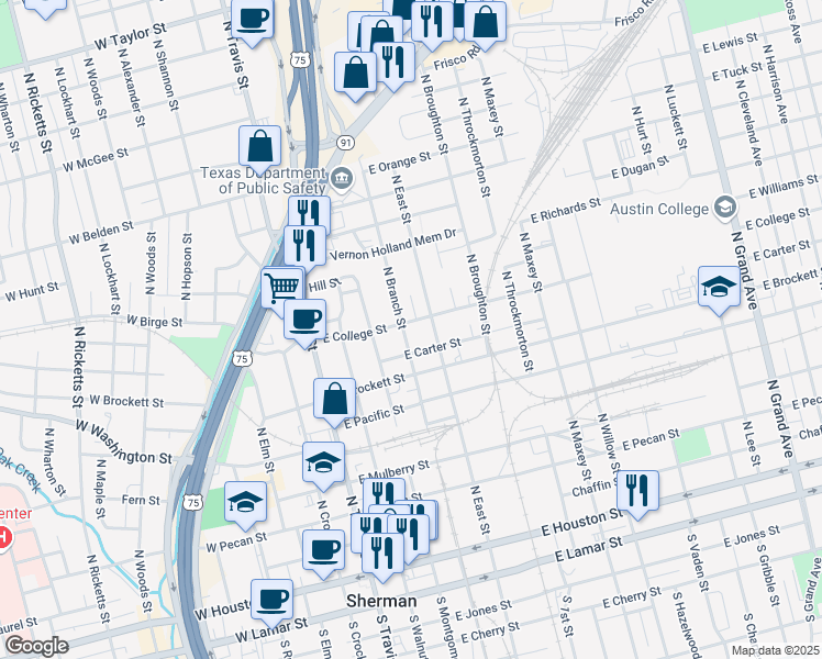 map of restaurants, bars, coffee shops, grocery stores, and more near 900 North East Street in Sherman