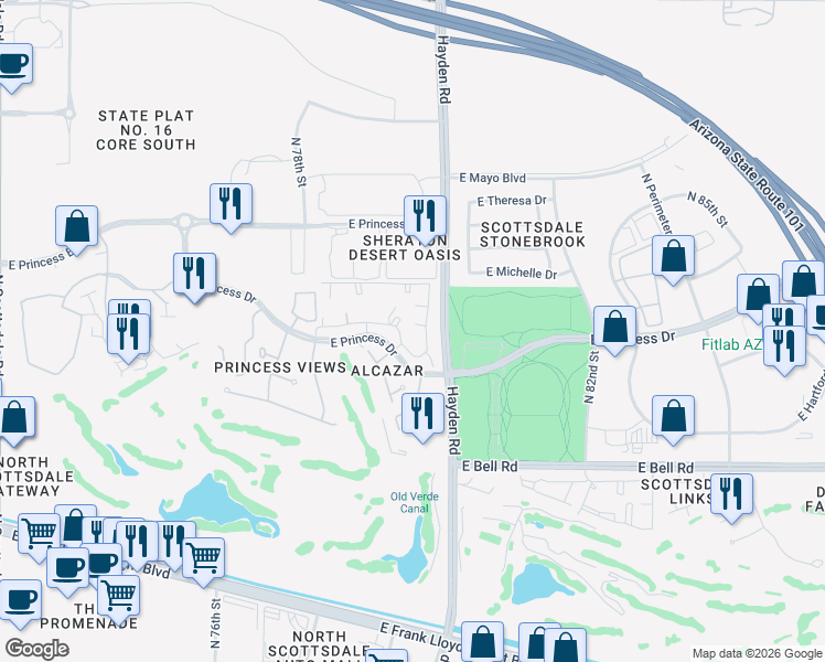 map of restaurants, bars, coffee shops, grocery stores, and more near 7900 East Princess Drive in Scottsdale