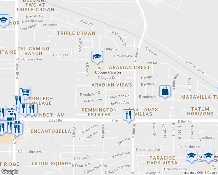 map of restaurants, bars, coffee shops, grocery stores, and more near 5334 East Helena Drive in Scottsdale