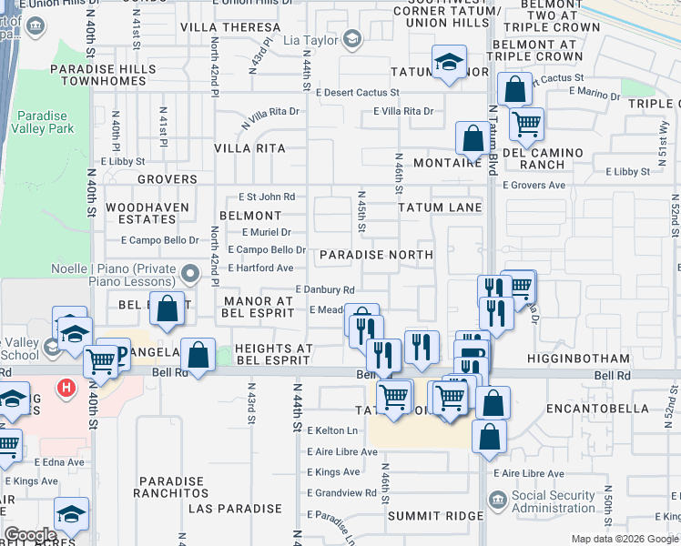 map of restaurants, bars, coffee shops, grocery stores, and more near 4440 East Hartford Avenue in Phoenix