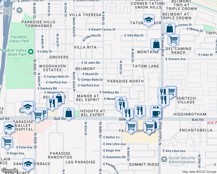 map of restaurants, bars, coffee shops, grocery stores, and more near 4408 East Hartford Avenue in Phoenix