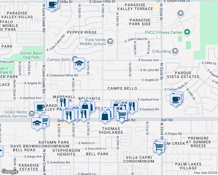 map of restaurants, bars, coffee shops, grocery stores, and more near 2819 East Angela Drive in Phoenix