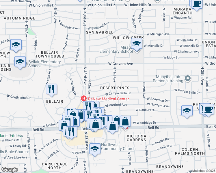 map of restaurants, bars, coffee shops, grocery stores, and more near 4132 West Angela Drive in Glendale