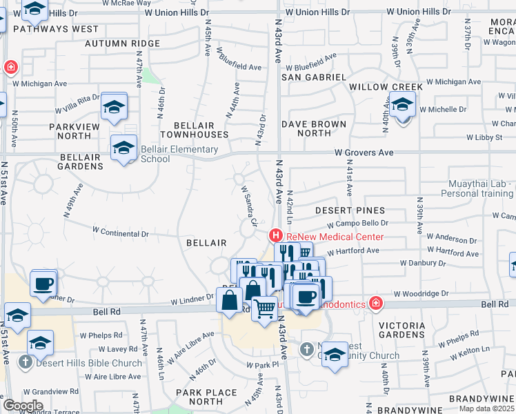 map of restaurants, bars, coffee shops, grocery stores, and more near 4413 West Sandra Circle in Glendale