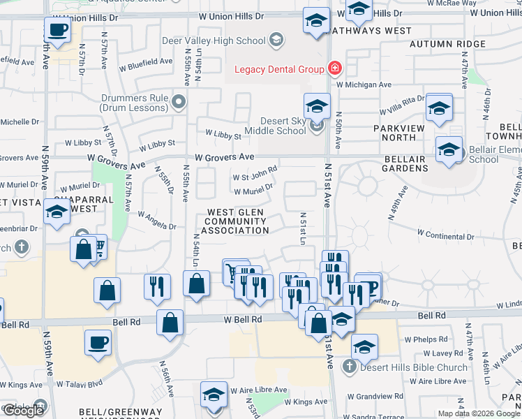 map of restaurants, bars, coffee shops, grocery stores, and more near 5292 West Karen Drive in Glendale