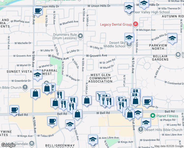 map of restaurants, bars, coffee shops, grocery stores, and more near 5411 West Karen Drive in Glendale