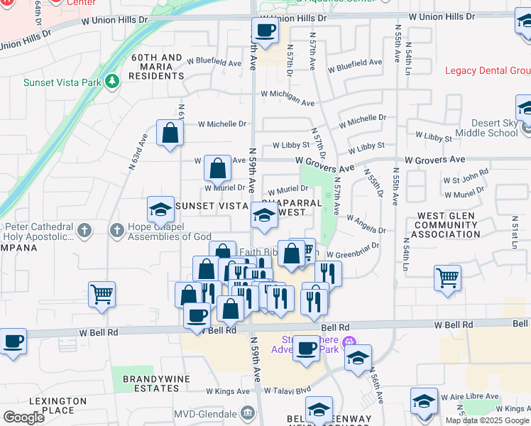 map of restaurants, bars, coffee shops, grocery stores, and more near 5822 West Angela Drive in Glendale