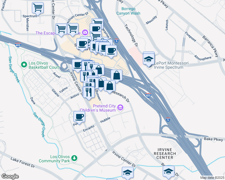 map of restaurants, bars, coffee shops, grocery stores, and more near 8669 Research Drive in Irvine
