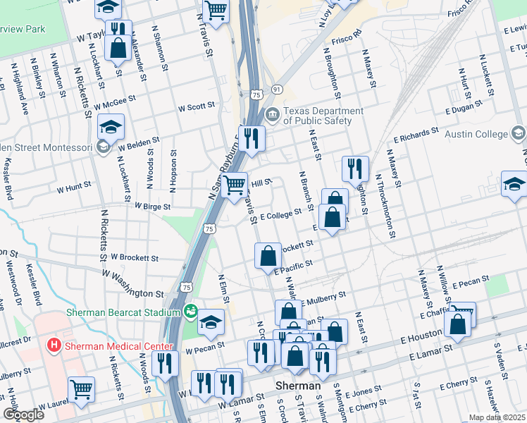 map of restaurants, bars, coffee shops, grocery stores, and more near 917 North Walnut Street in Sherman