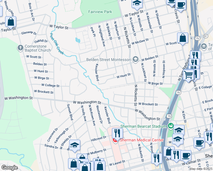 map of restaurants, bars, coffee shops, grocery stores, and more near 1211 1213 Hunt Street in Sherman
