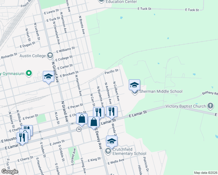 map of restaurants, bars, coffee shops, grocery stores, and more near 410 North Colbert Avenue in Sherman