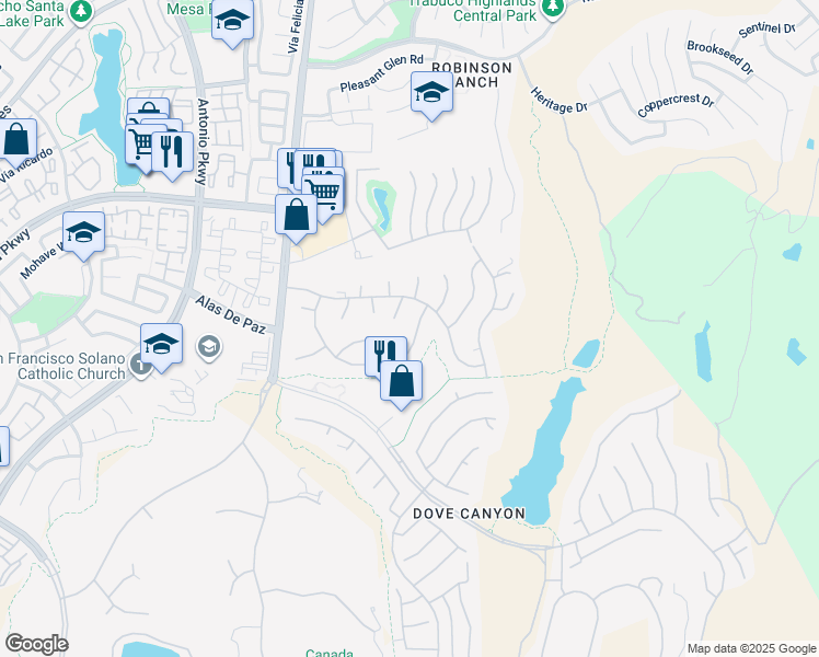 map of restaurants, bars, coffee shops, grocery stores, and more near 32055 Camino Del Cielo in Trabuco Canyon