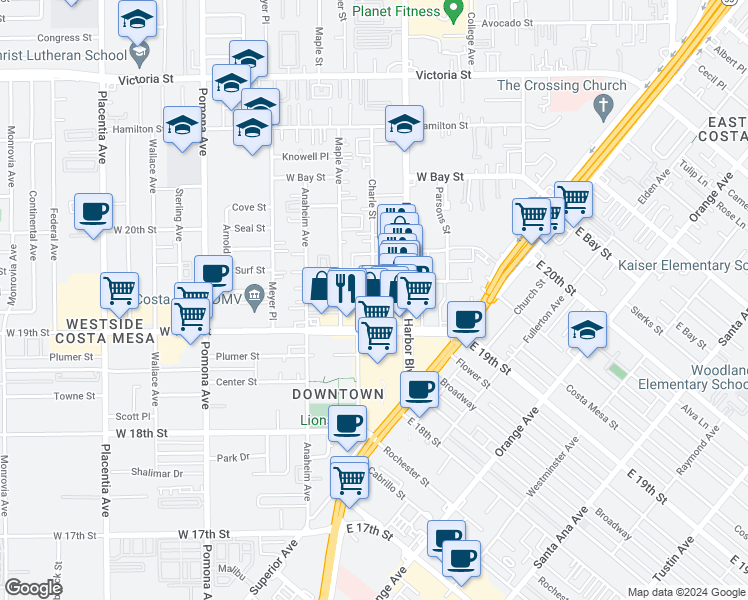 map of restaurants, bars, coffee shops, grocery stores, and more near 525 Fairfax Drive in Costa Mesa