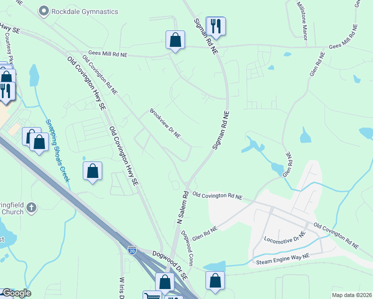 map of restaurants, bars, coffee shops, grocery stores, and more near 2150 Brookview Drive Northeast in Conyers