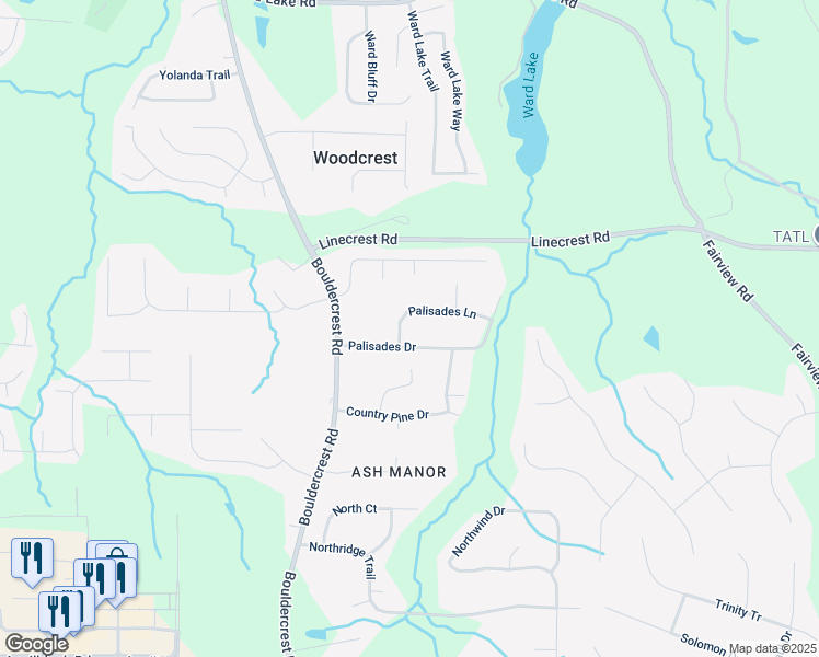 map of restaurants, bars, coffee shops, grocery stores, and more near 1206 Palisades Lane in Ellenwood