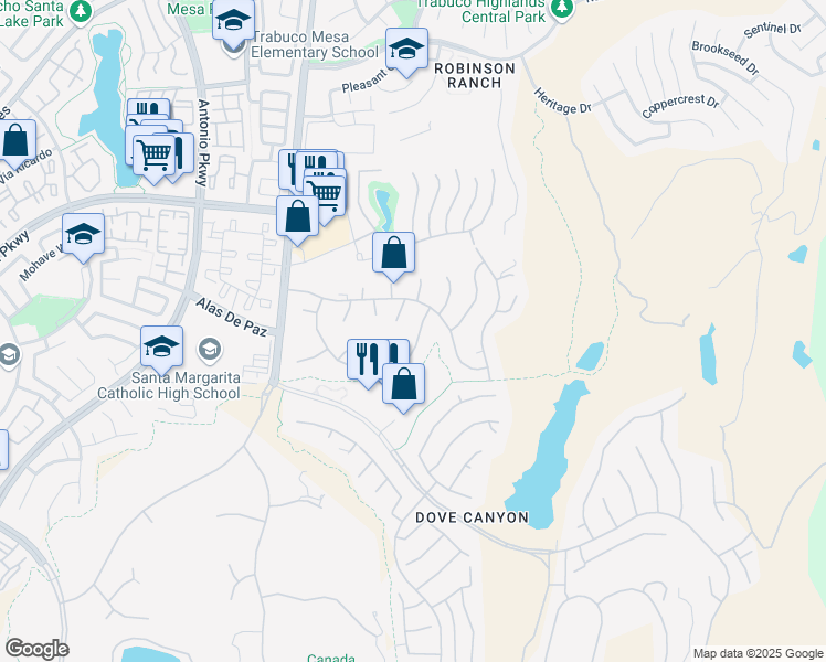 map of restaurants, bars, coffee shops, grocery stores, and more near 32055 Camino Del Cielo in Trabuco Canyon