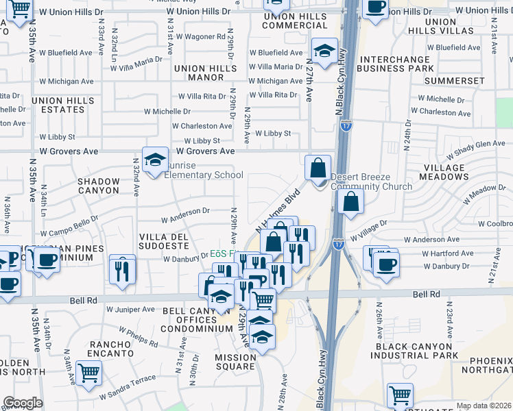 map of restaurants, bars, coffee shops, grocery stores, and more near 2830 West Campo Bello Drive in Phoenix