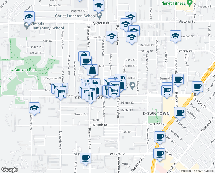 map of restaurants, bars, coffee shops, grocery stores, and more near 1924 Wallace Avenue in Costa Mesa