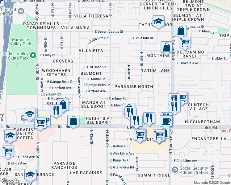 map of restaurants, bars, coffee shops, grocery stores, and more near 4408 East Hartford Avenue in Phoenix