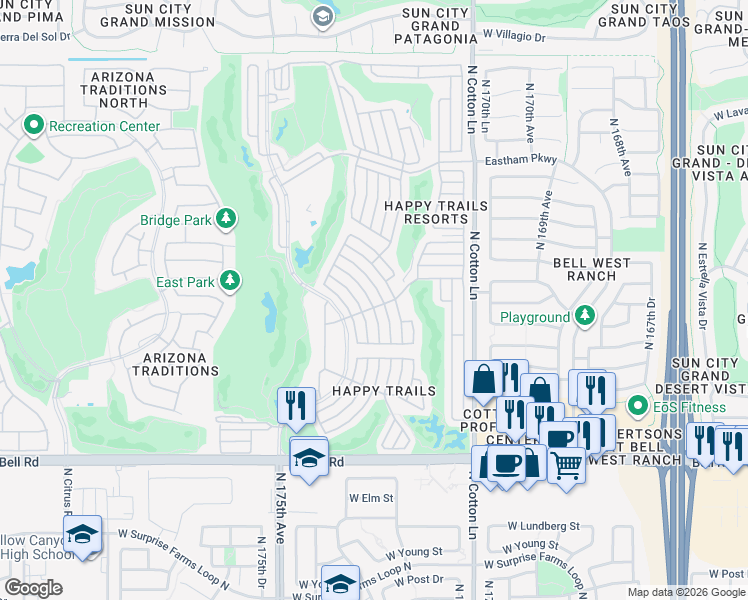 map of restaurants, bars, coffee shops, grocery stores, and more near 585 Pinto in Surprise