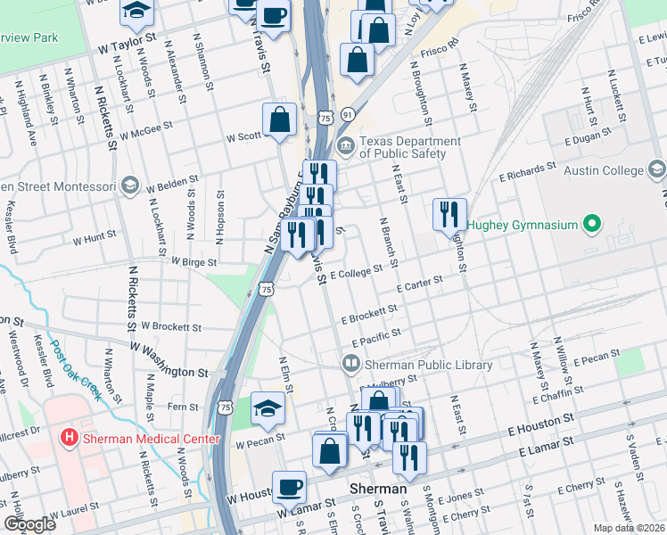 map of restaurants, bars, coffee shops, grocery stores, and more near 115 East College Street in Sherman