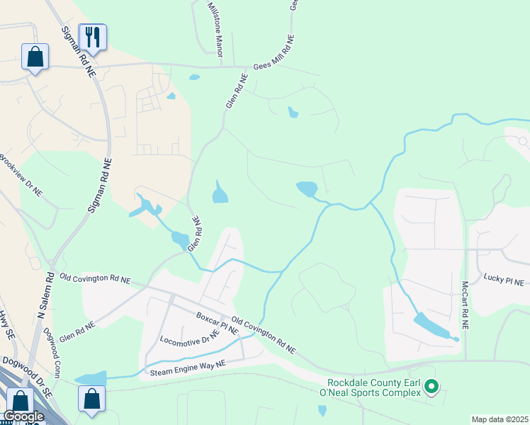 map of restaurants, bars, coffee shops, grocery stores, and more near 2557 Glendale Drive Northeast in Conyers